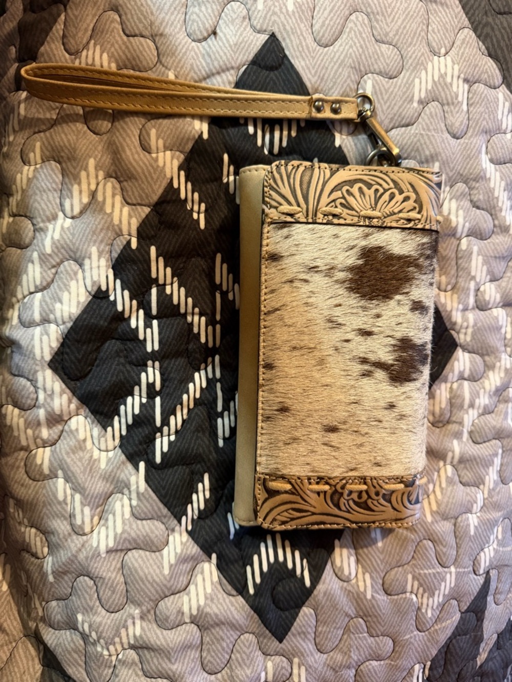 Cowhide & Tooled Leather Wristlet Wallet - Neutral Brown/White